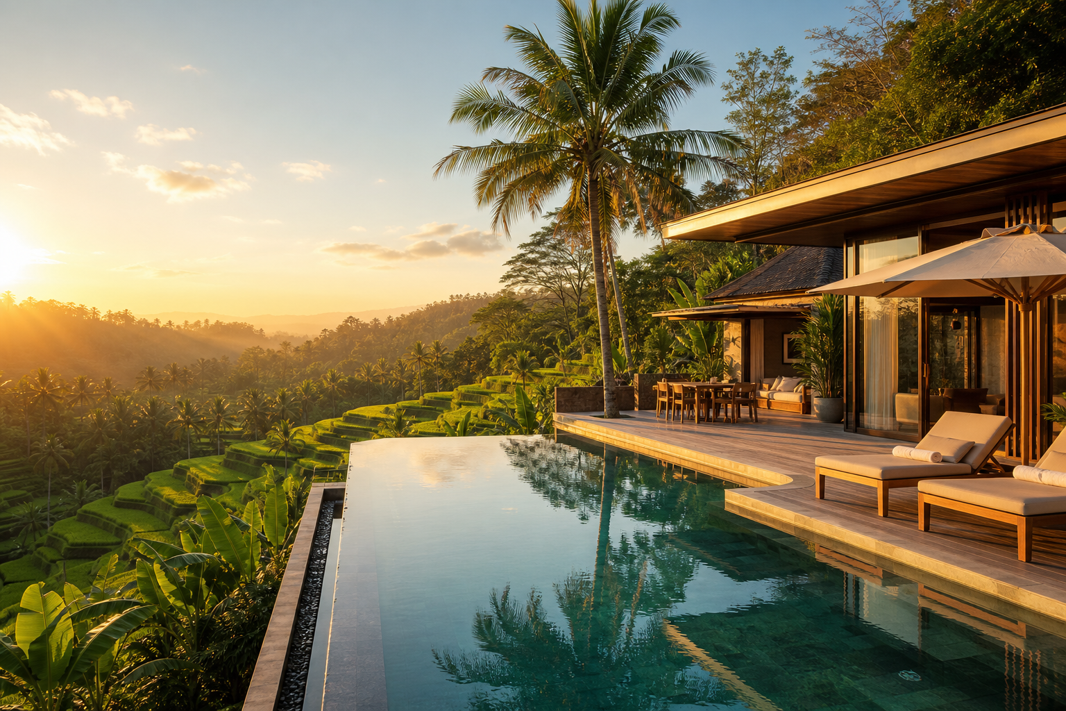 Bali rice terraces with an infinity pool and a luxury villa overlooking lush greenery