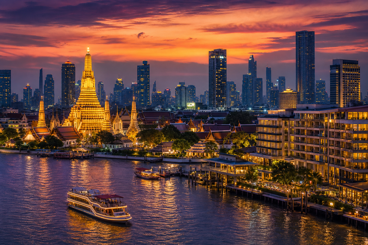 Bangkok skyline at dusk with the Chao Phraya river, golden temple spires, and luxury riverside hotels glowing