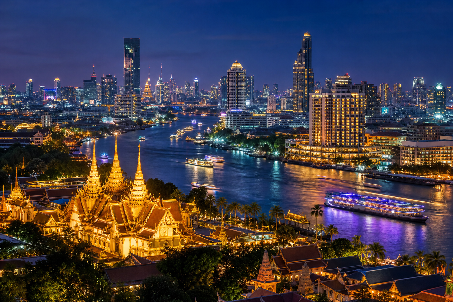 Bangkok skyline at night with illuminated temples and riverside luxury hotels