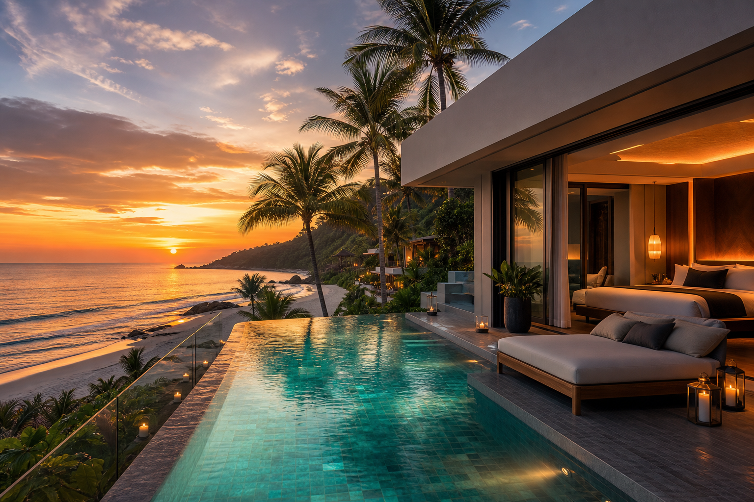 Oceanfront suite with infinity pool and palm-lined beachfront at sunset