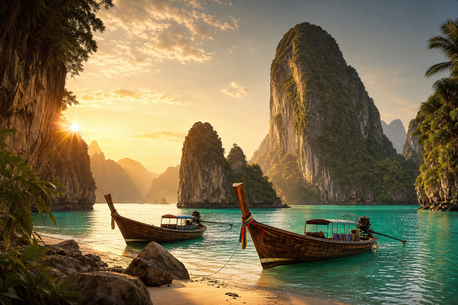 Golden sunrise over Thailand's limestone cliffs and turquoise bay with long-tail boats