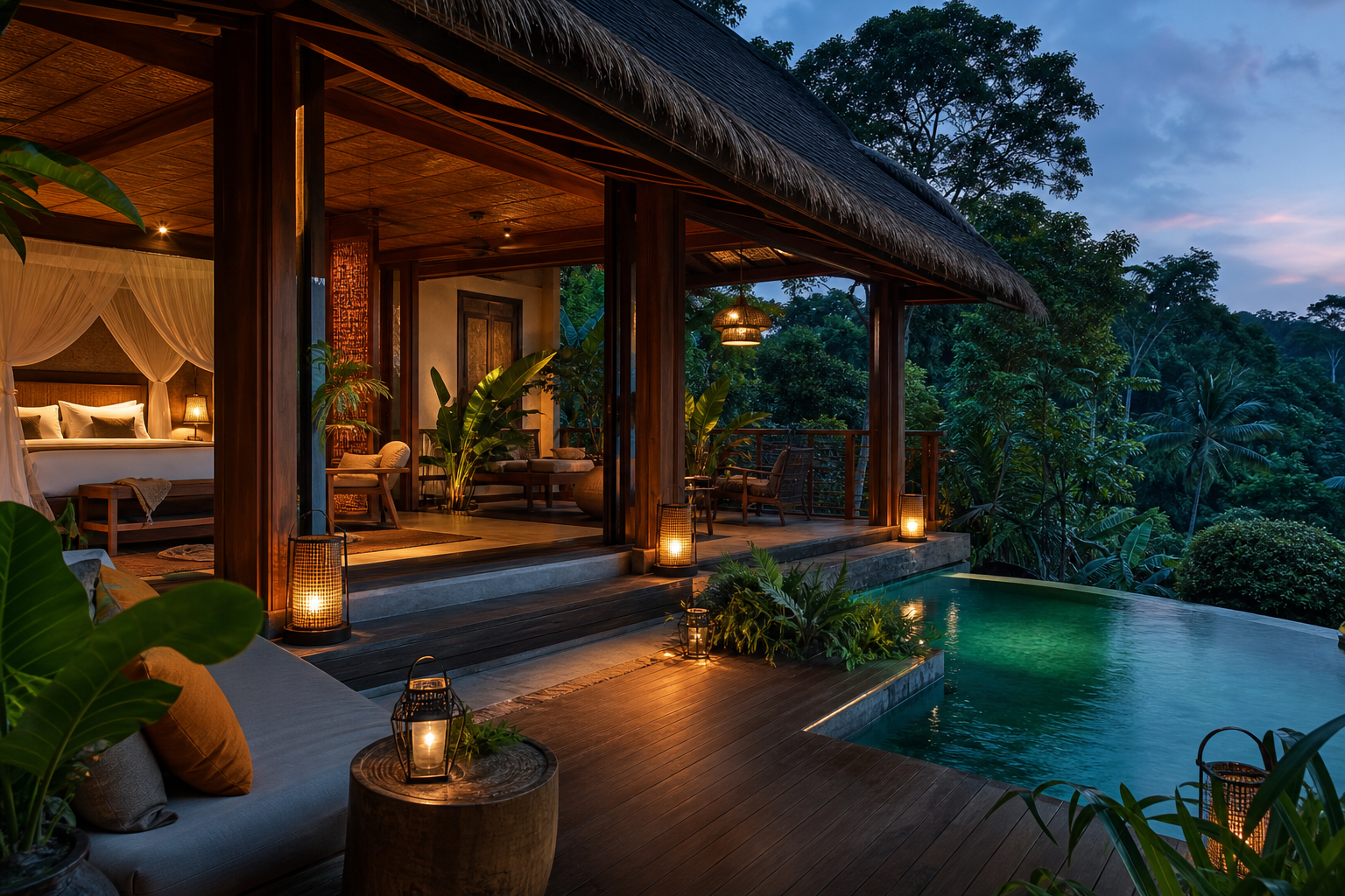 Boutique jungle villa with open-air terrace, lush greenery, and warm lanterns