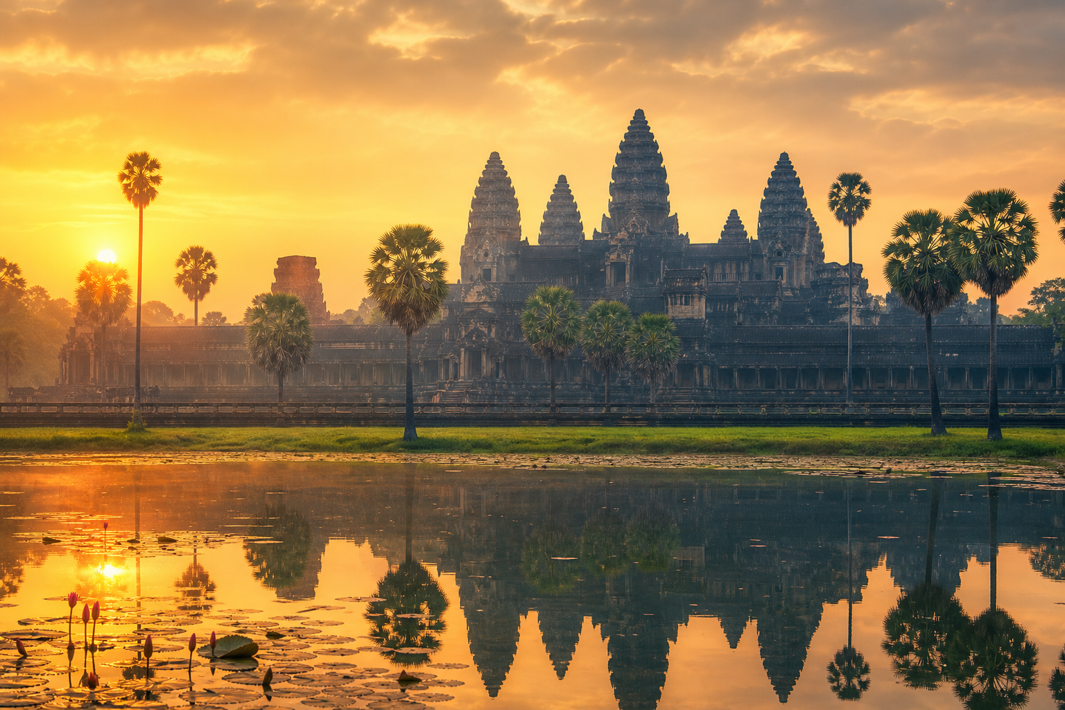 Angkor Wat temple at sunrise with reflected water and soft mist in Cambodia