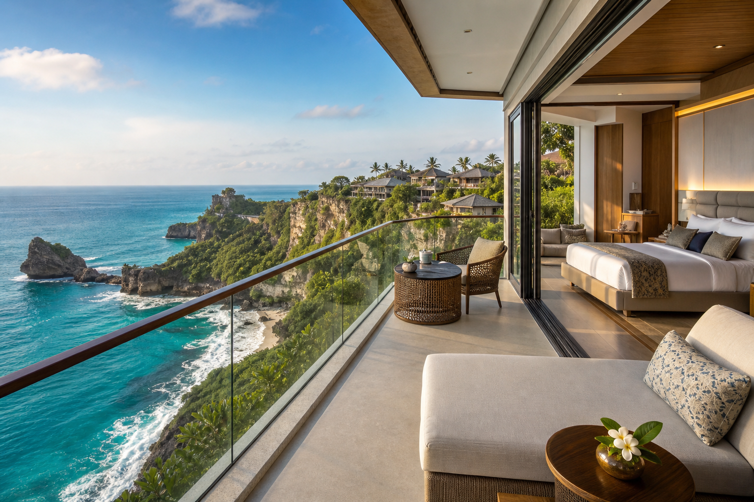 Cliffside resort suite with glass balcony above turquoise ocean