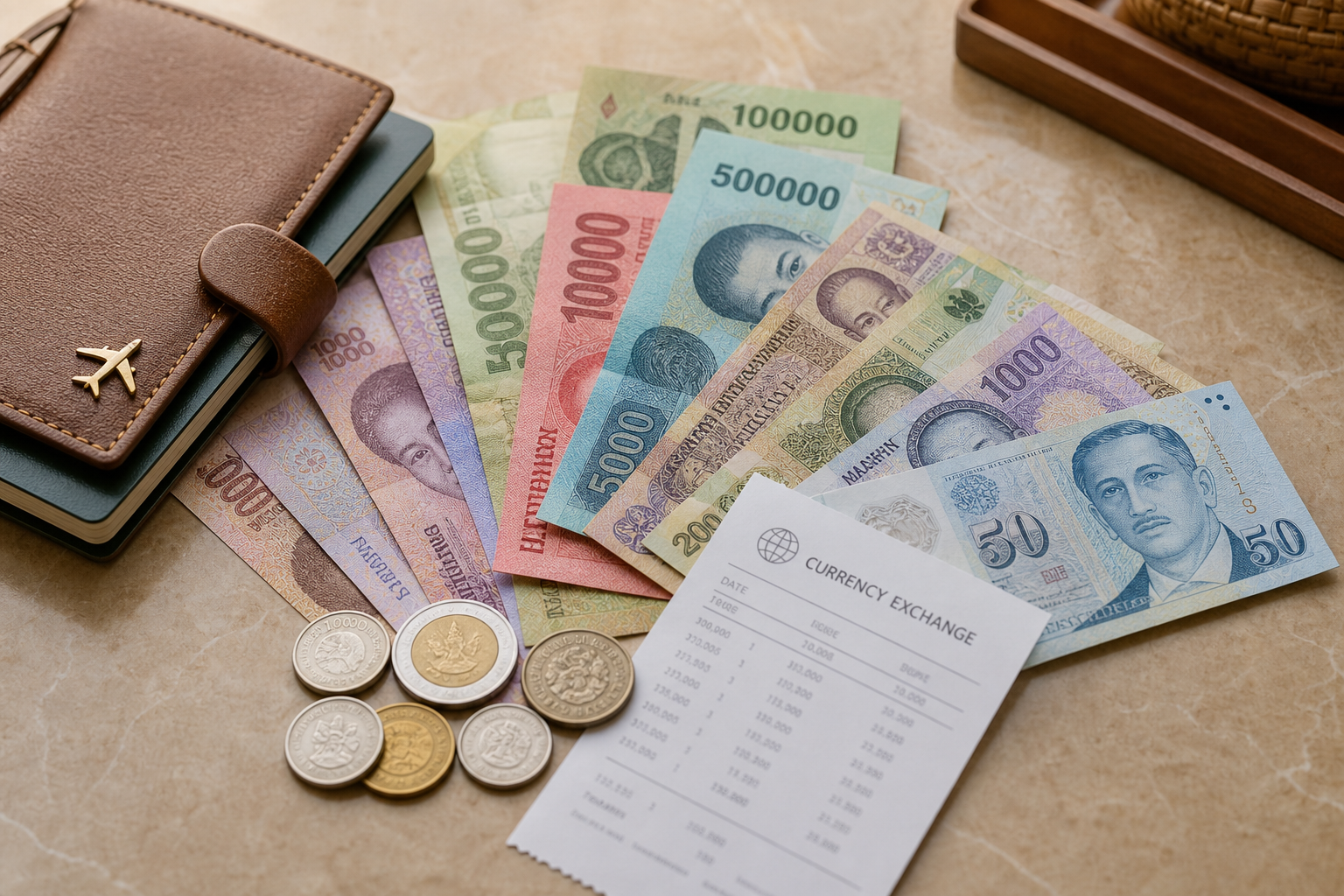 Neatly arranged Southeast Asian banknotes and coins with a travel wallet