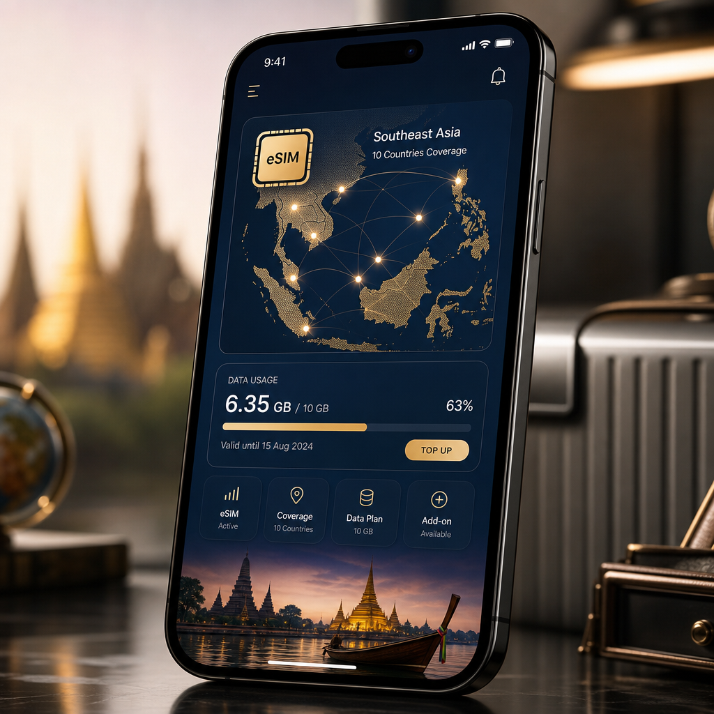 Premium travel eSIM dashboard on a modern smartphone showing Southeast Asia coverage and data usage