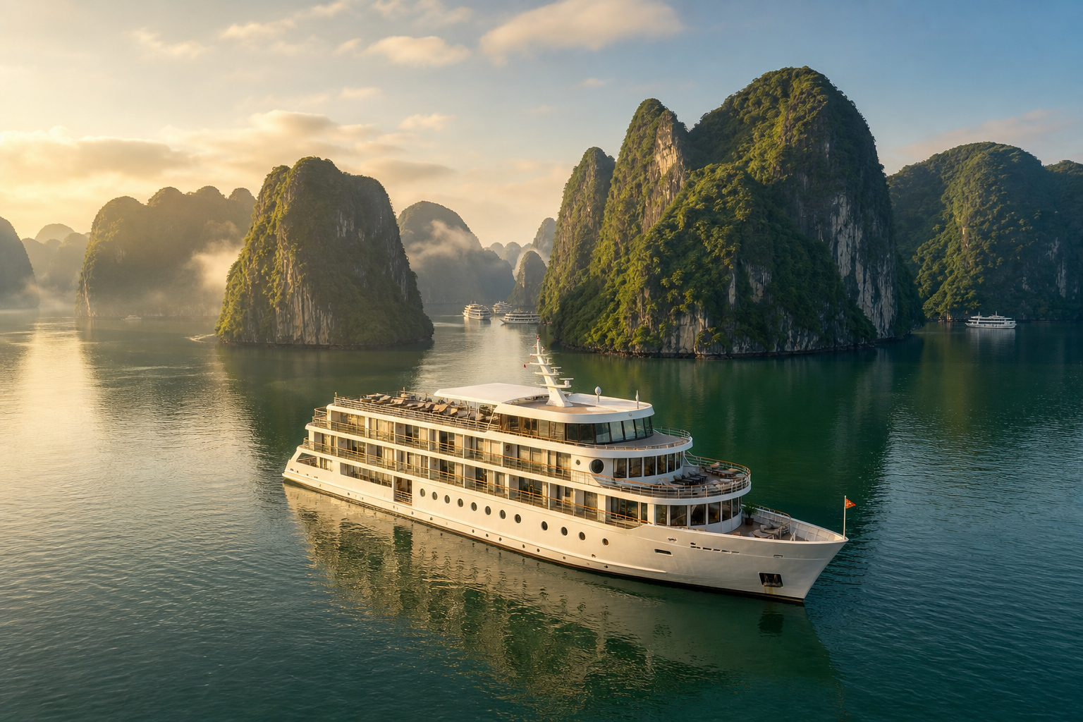Elegant cruise ship sailing through emerald karst islands of Ha Long Bay under soft morning light