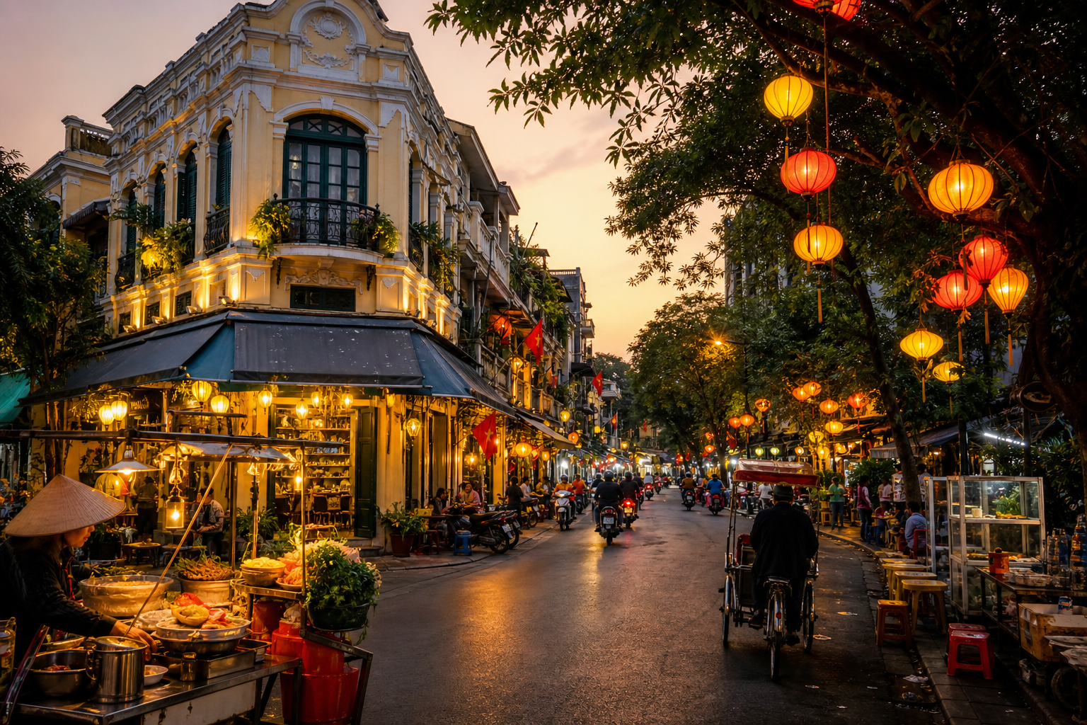 Hanoi Old Quarter streets with French colonial architecture, lanterns, and street food