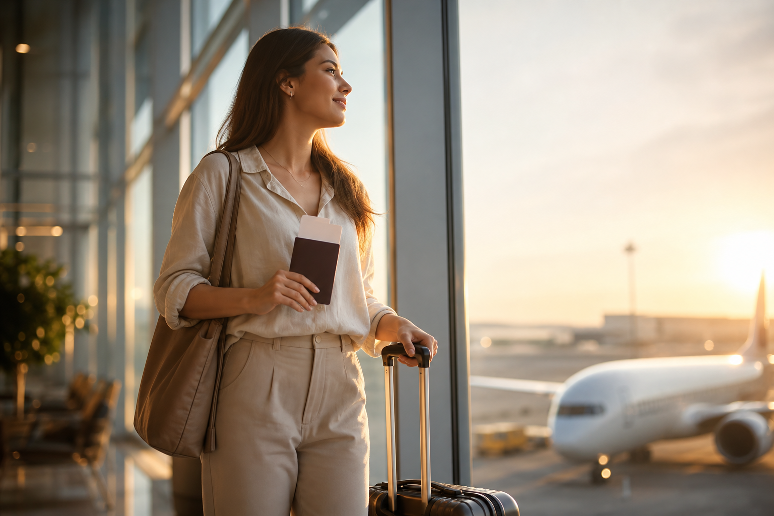 Confident traveler holding a passport at an airport window with sunrise light