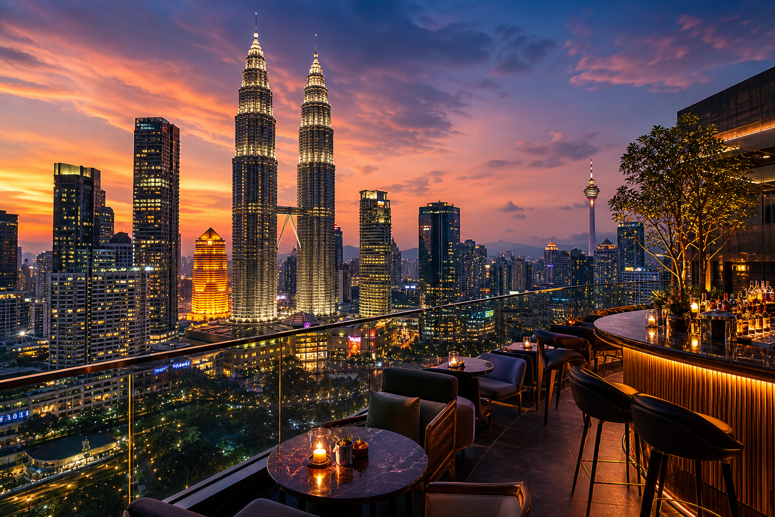 Kuala Lumpur cityscape with Petronas Towers illuminated above a luxury rooftop bar