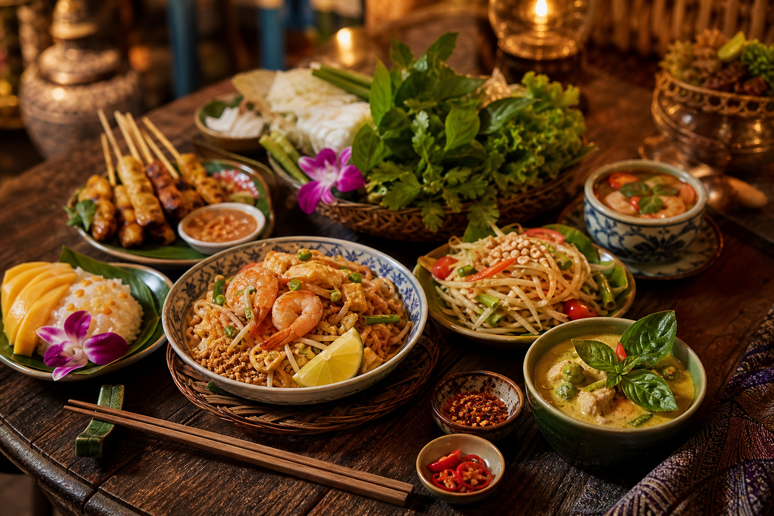 Elegant table with Thai street food dishes, herbs, and chopsticks