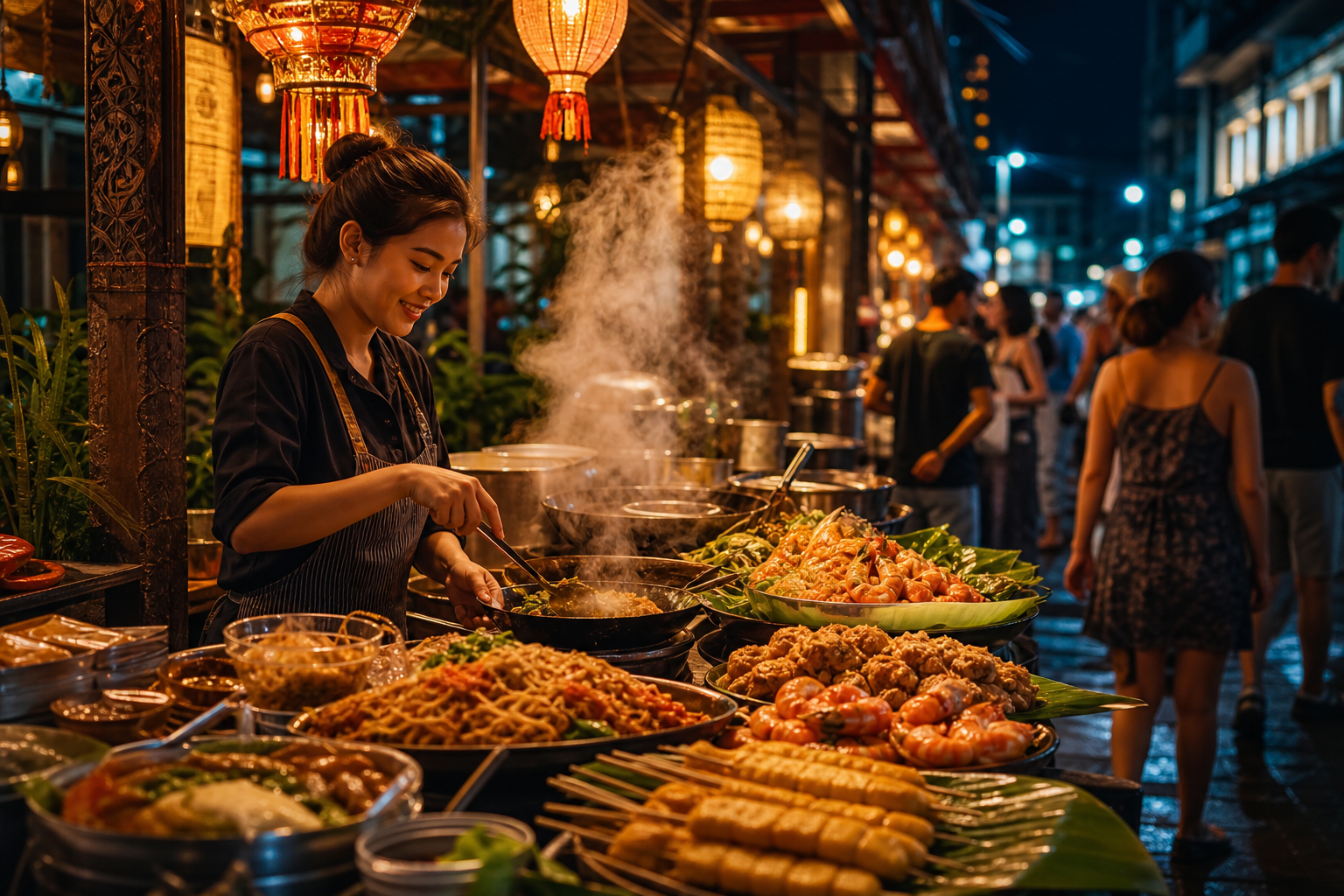 Thai street food stall with vibrant dishes and lantern lighting
