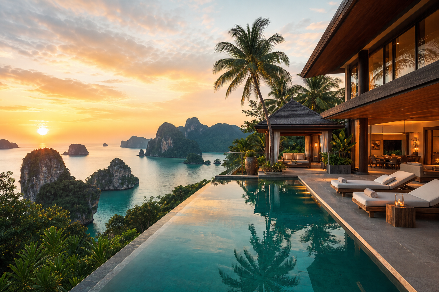 A cinematic luxury travel scene in Southeast Asia showing a private infinity pool villa overlooking a tropical coastline with limestone cliffs and a sunset sky