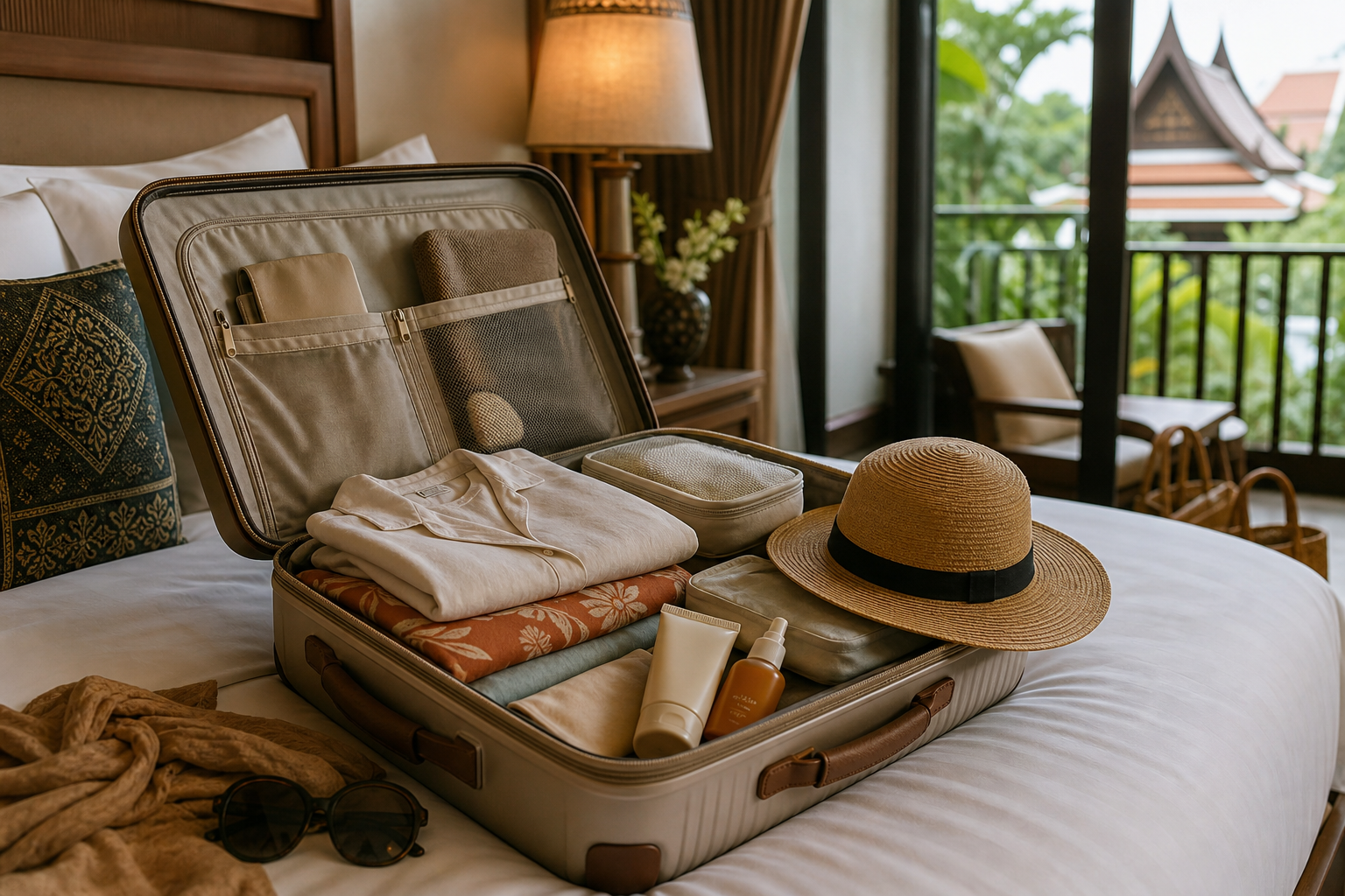 Open suitcase with neatly folded resort wear, sunscreen, and travel organizers