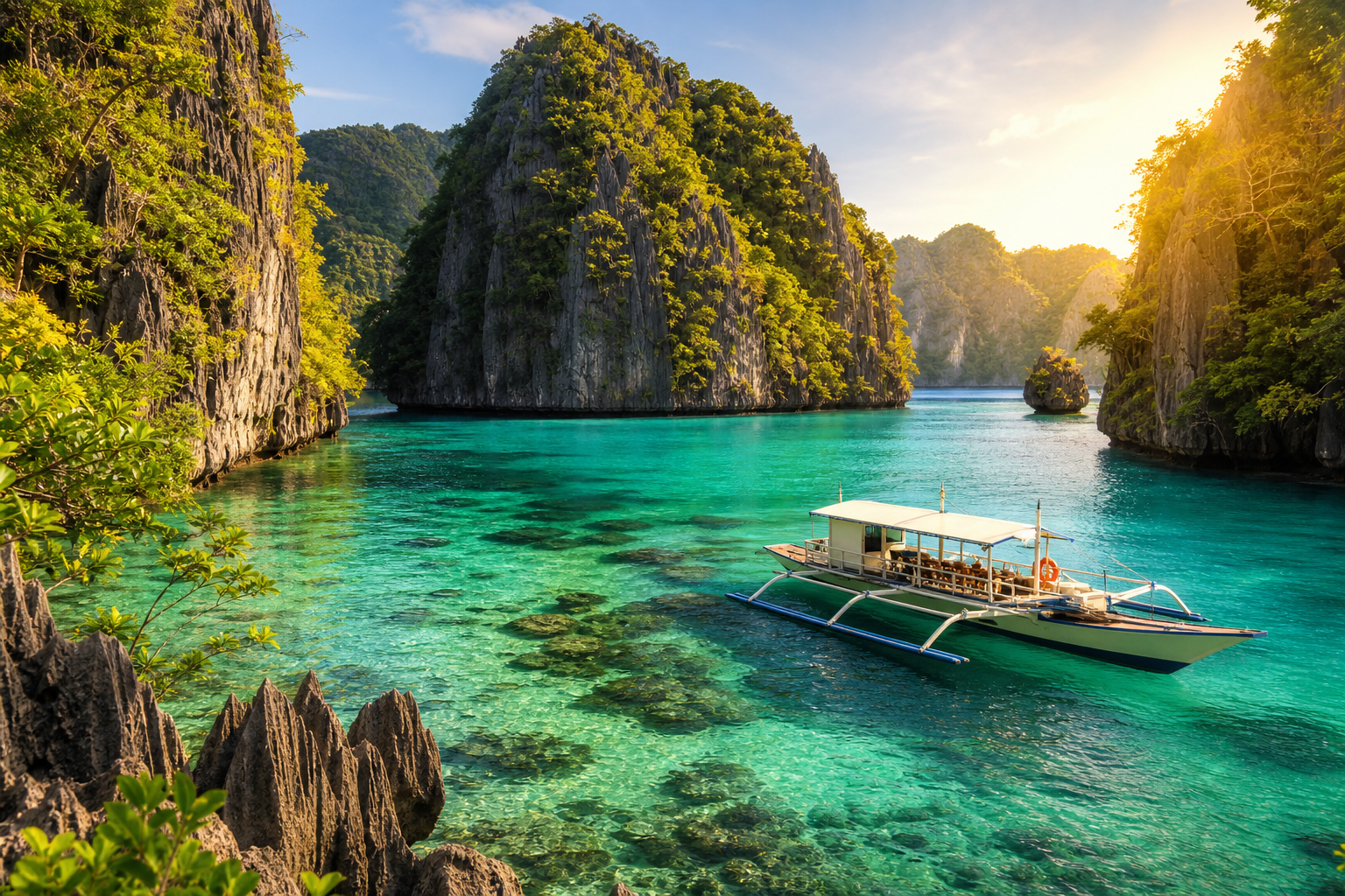 Palawan lagoon with crystal-clear water, limestone karsts, and a luxury boat