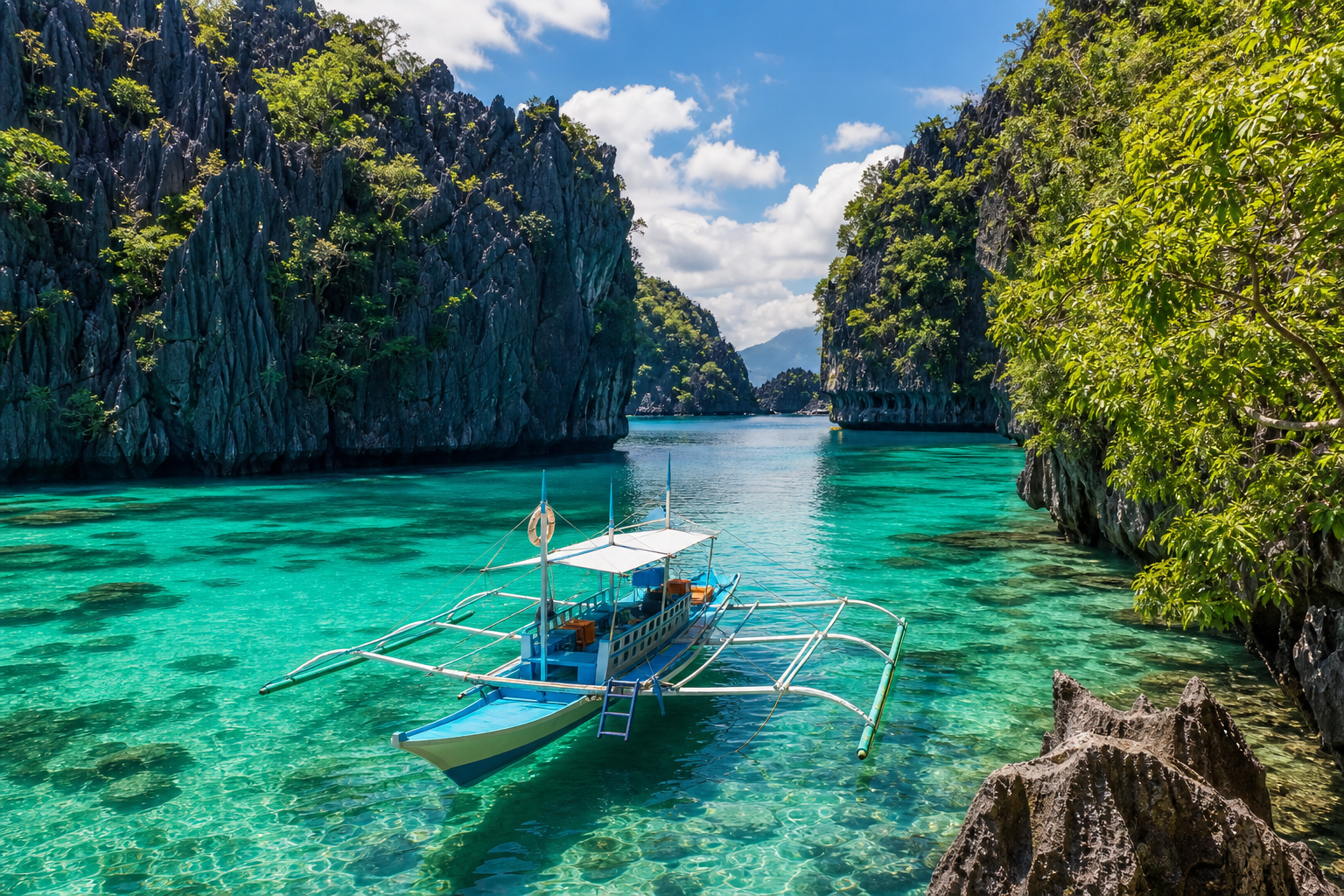 Traditional banca boat on crystal clear lagoon surrounded by limestone cliffs in the Philippines