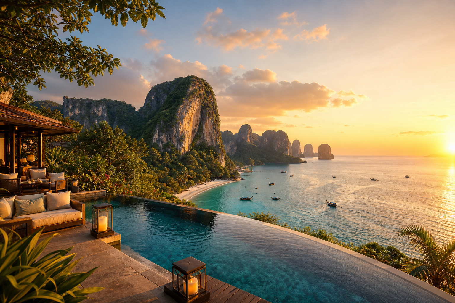 Phuket coastline with limestone cliffs, a luxury resort terrace, and turquoise water at sunset