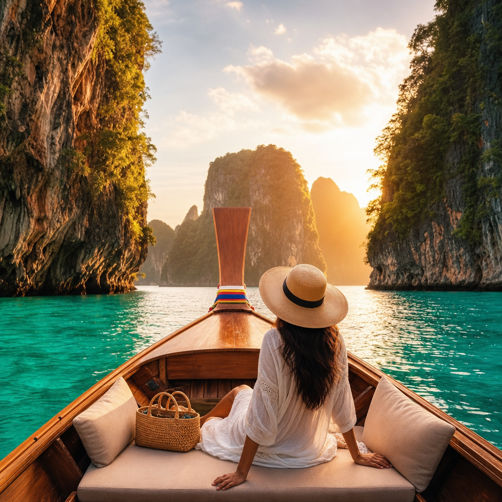 Cinematic luxury travel scene featuring a private long-tail boat on turquoise Southeast Asian water framed by limestone cliffs at golden hour