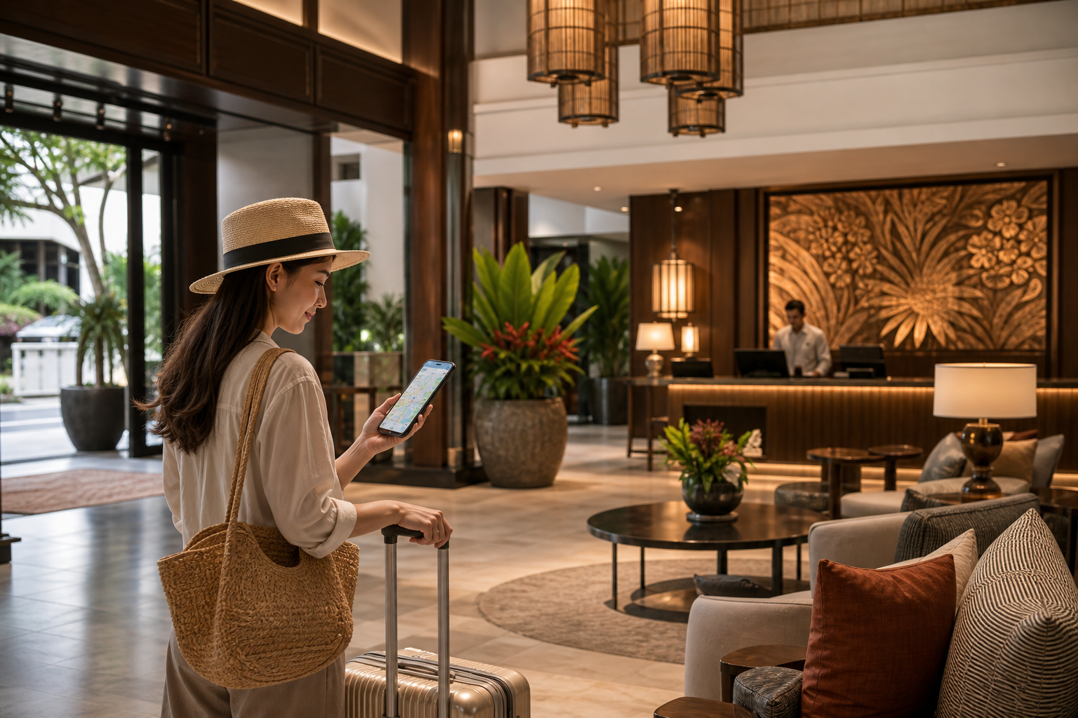Traveler using a phone map beside a well-lit boutique hotel lobby
