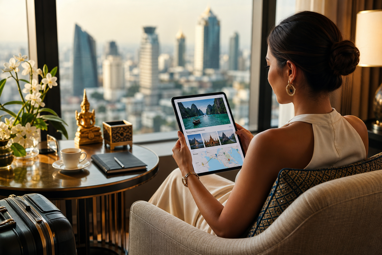 Luxury traveler reviewing a Southeast Asia itinerary on a tablet beside a window