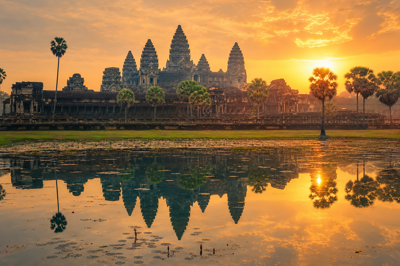 Angkor Wat at sunrise with reflecting pools and misty palm trees