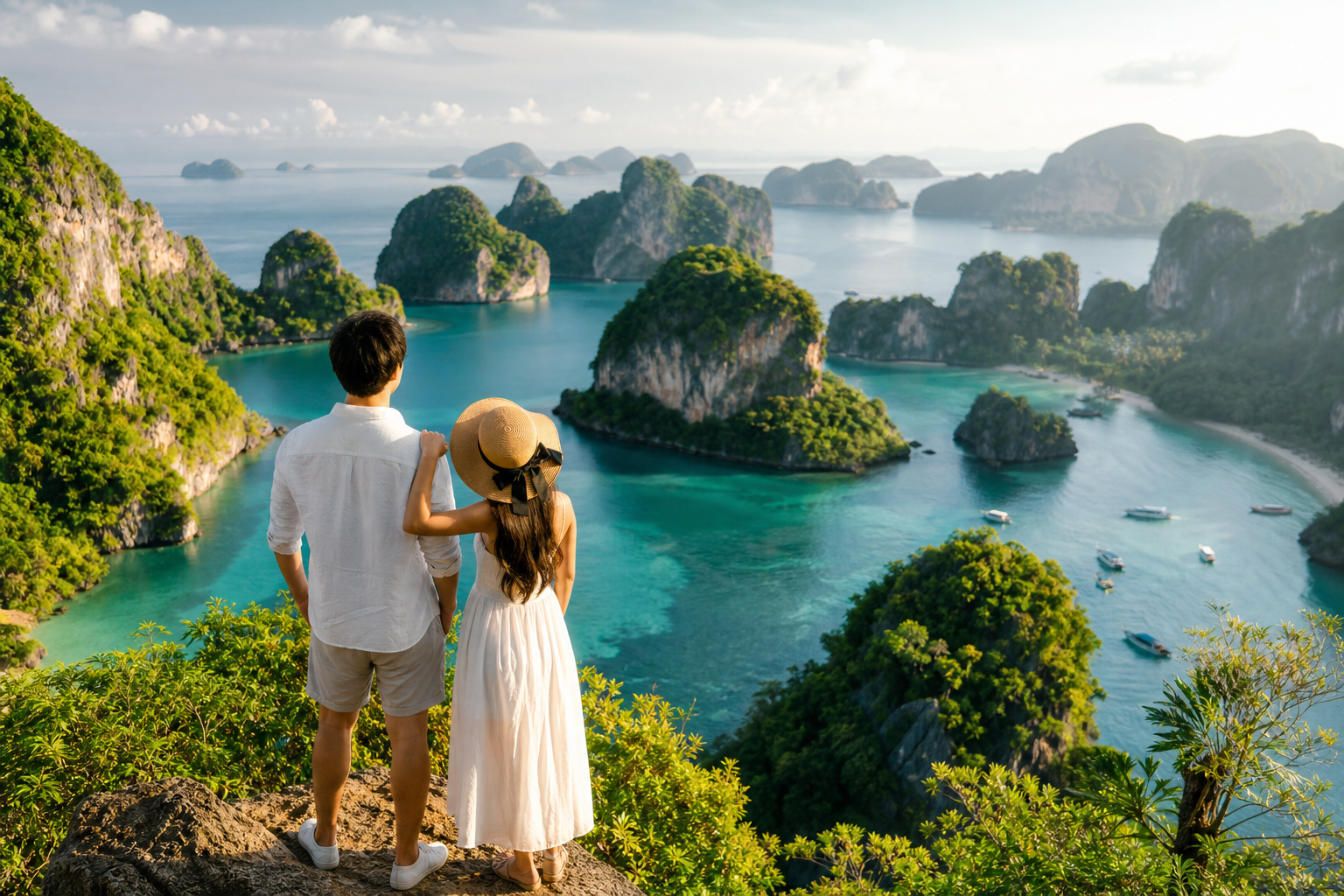Couple overlooking a turquoise bay with limestone islands in Southeast Asia