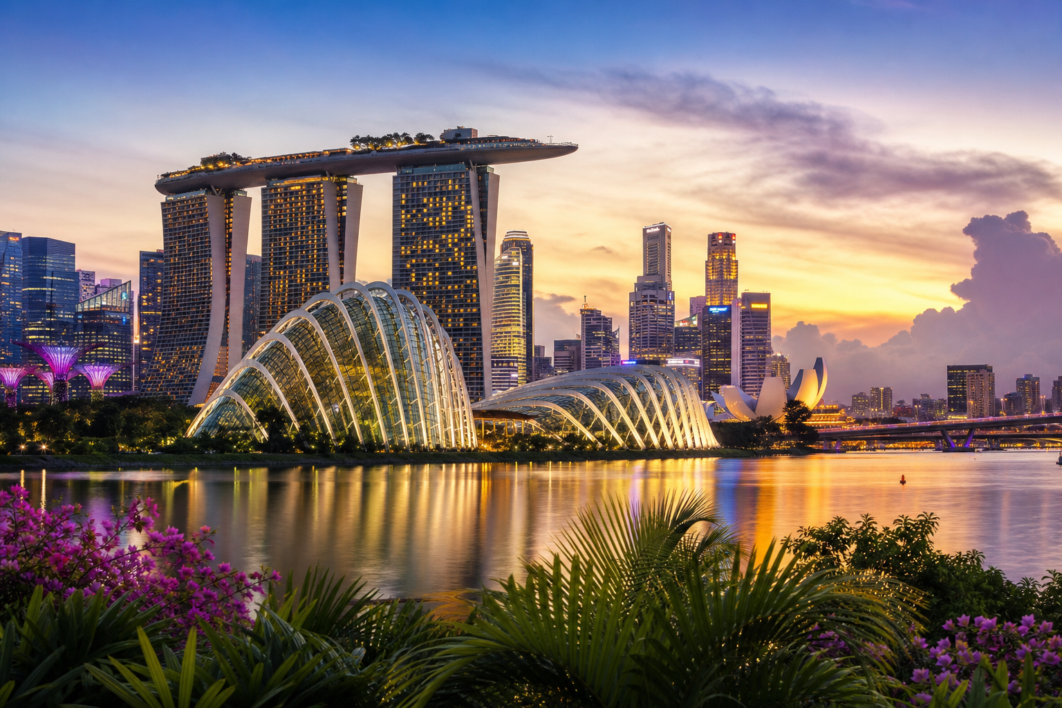Singapore Marina Bay with futuristic skyline, Gardens by the Bay, and glowing waterfront