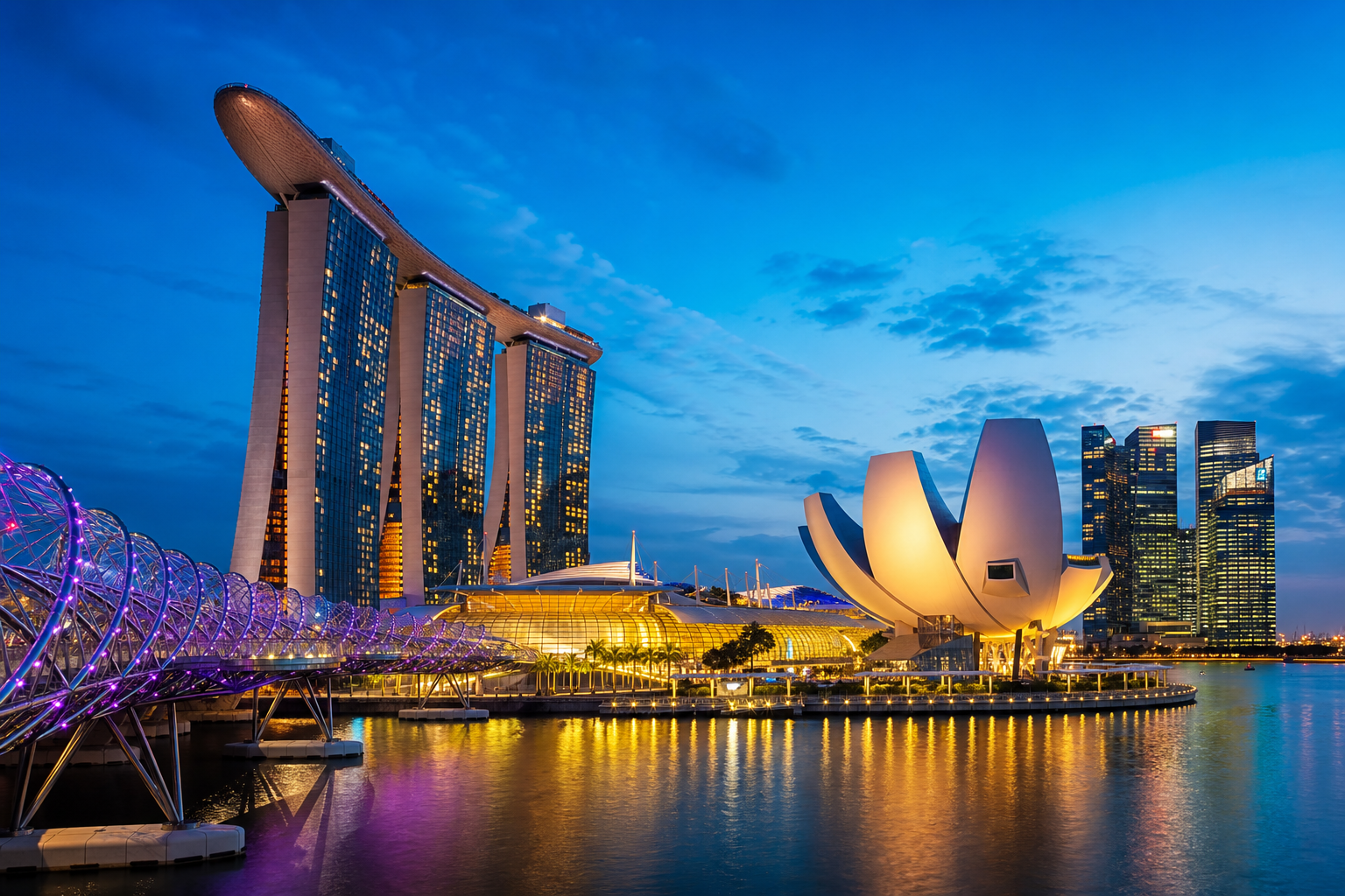 Singapore Marina Bay skyline at blue hour with Marina Bay Sands and illuminated waterfront