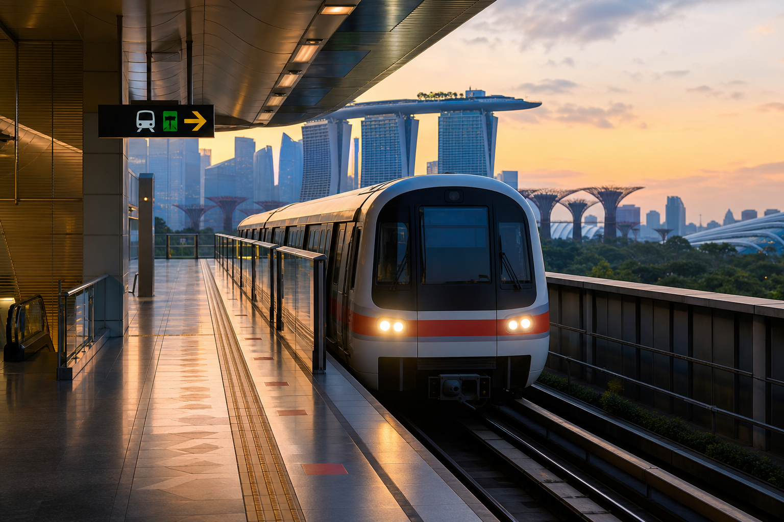 Modern train platform in Singapore with sleek metro train and directional signage