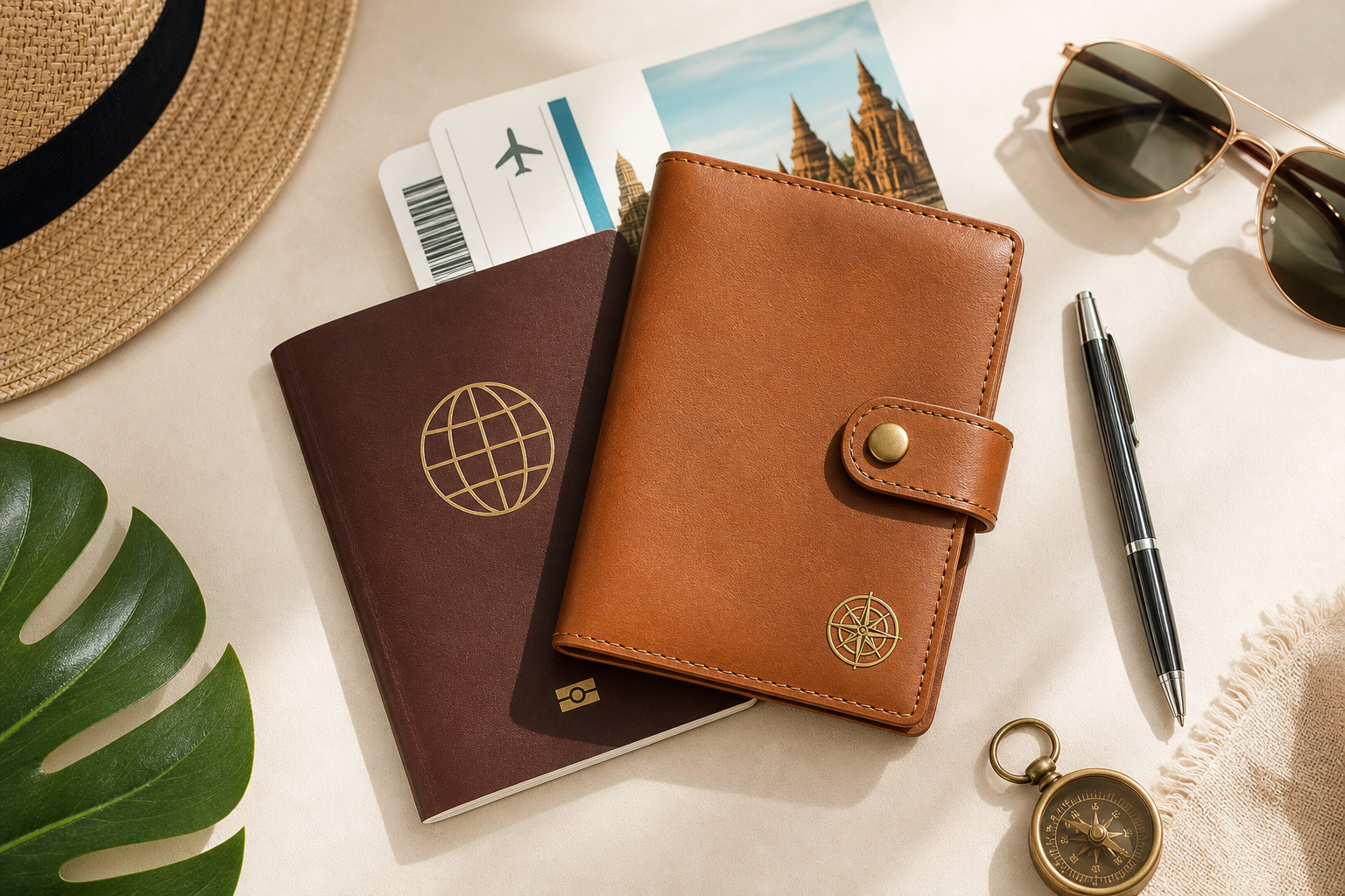 Flat lay of a passport, travel documents, and a stylish leather wallet