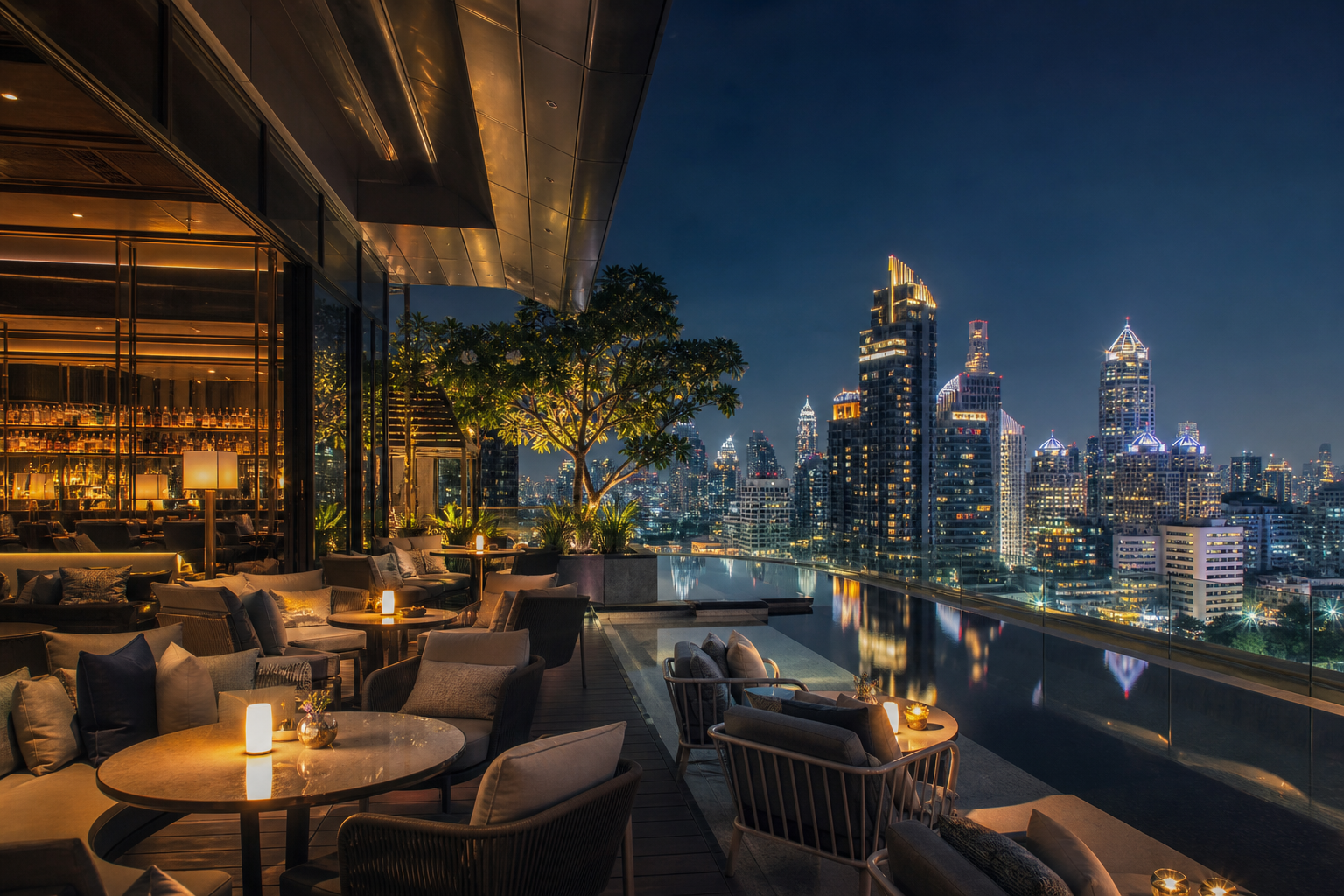 Luxury city hotel rooftop lounge overlooking a sparkling skyline at night