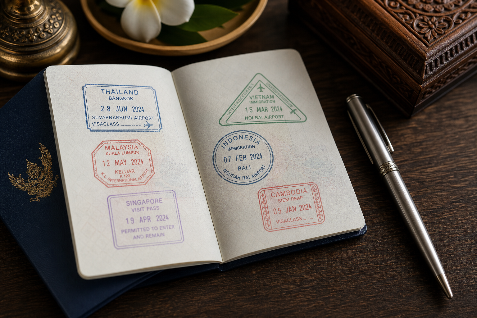 Close-up of a passport with Southeast Asia entry stamps and a silver pen