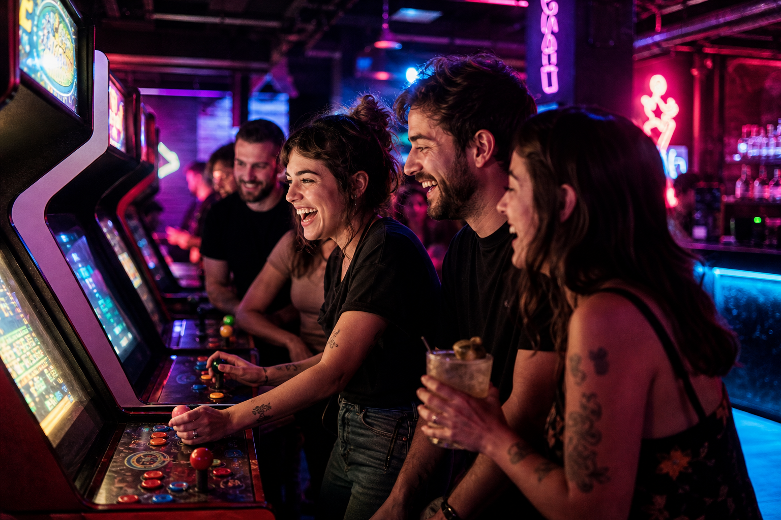 Friends gathered around glowing arcade cabinets in a dark neon venue