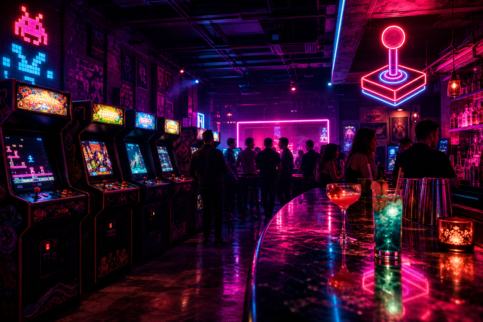 Dark retro arcade bar interior with glowing game cabinets, cocktail reflections on polished surfaces, and lively neon nightlife energy