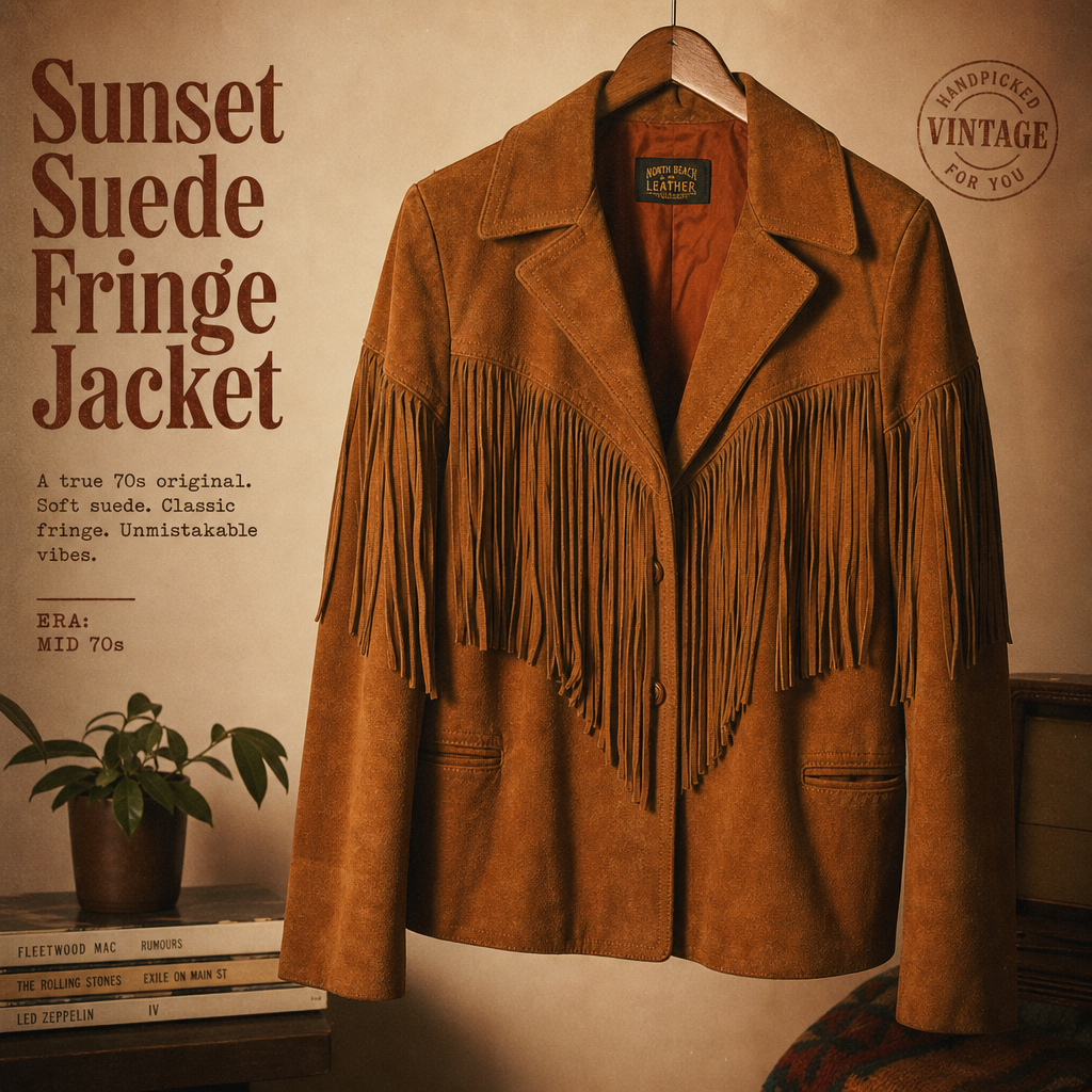 Soft tan suede with dramatic fringe and true 70s attitude.