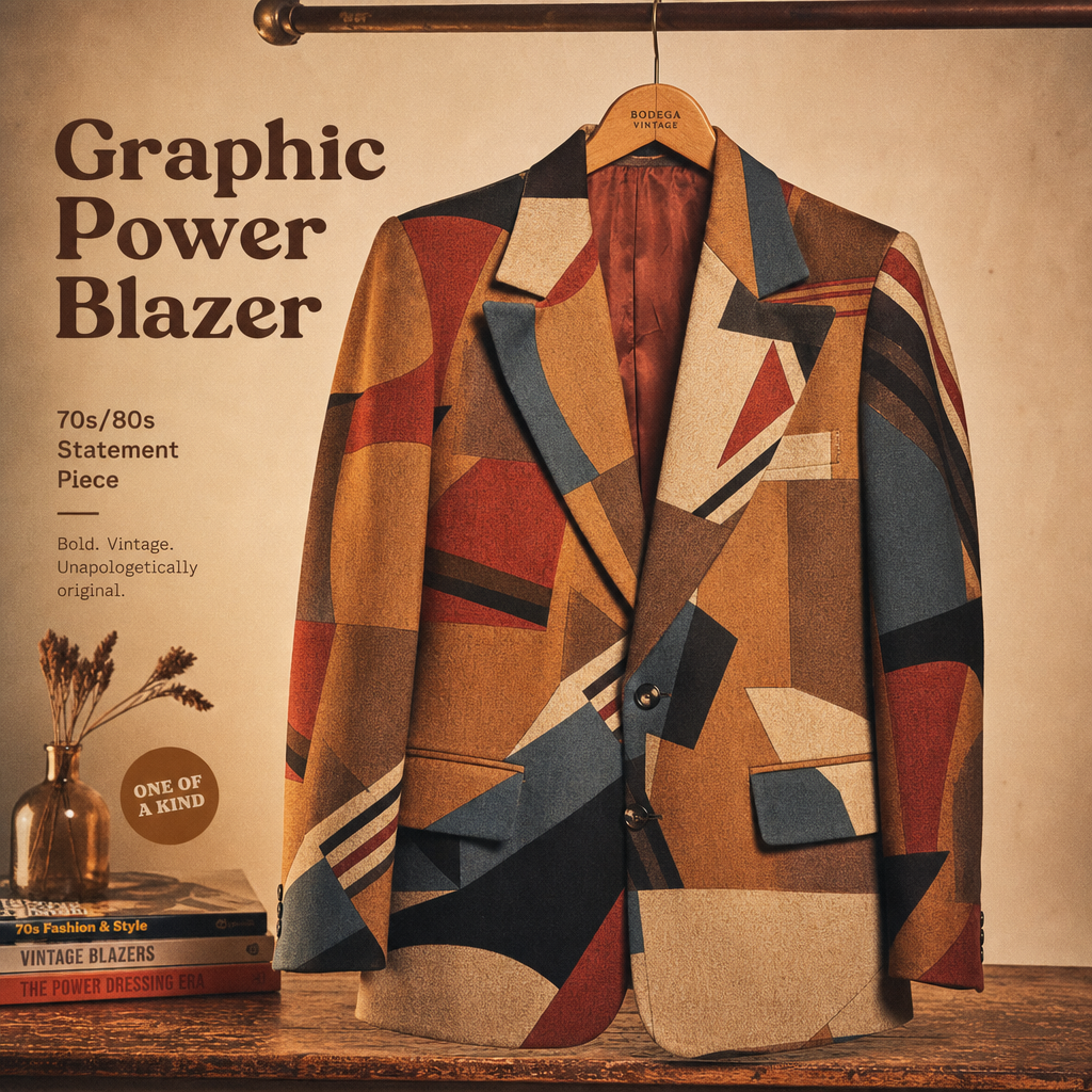 Sharp shoulders, bold pattern, unmistakable 80s energy.