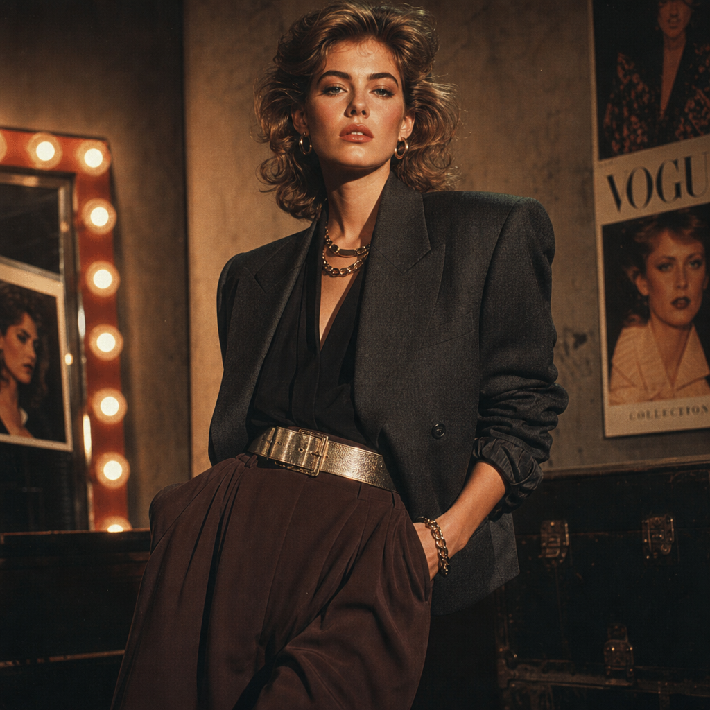 Cinematic 1980s-inspired outfit featuring a structured blazer, metallic belt, and high-waisted trousers in rich tones