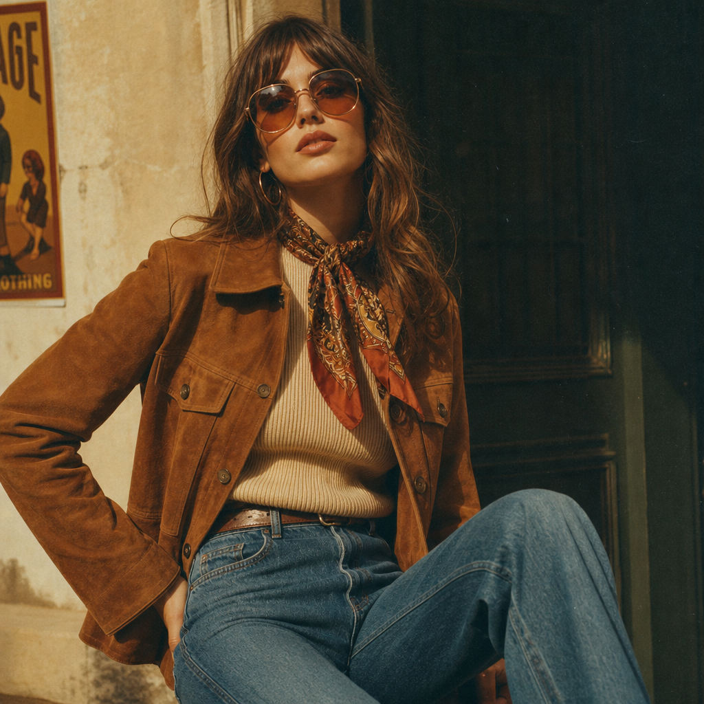Warm film-style portrait of a 1970s-inspired outfit with a caramel suede jacket, wide-leg denim, and a patterned silk scarf