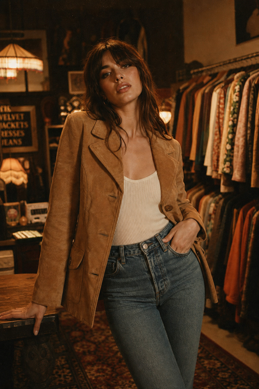 Model wearing a camel suede jacket and high-waisted denim in a warmly lit boutique with analog film texture