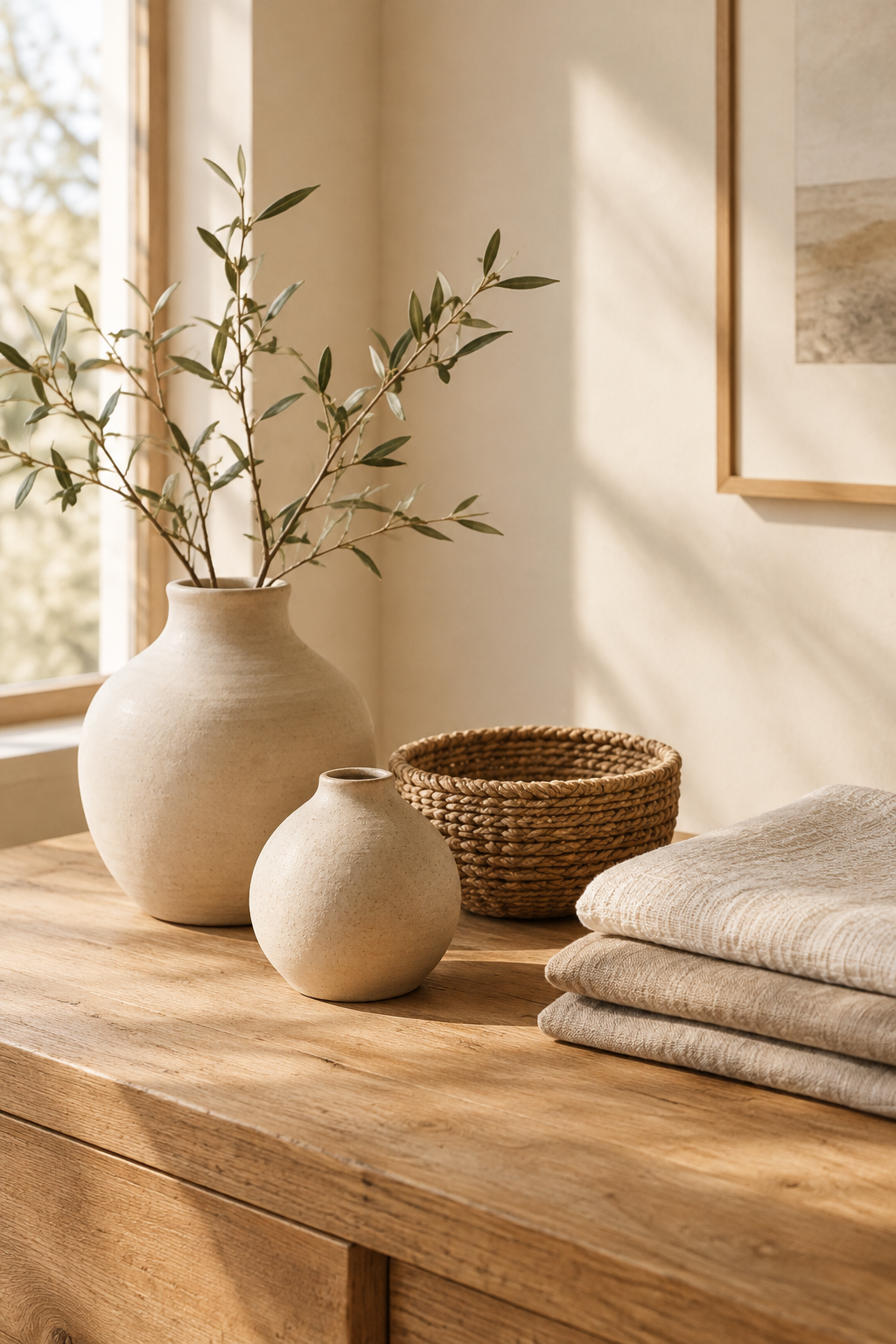 Warm handmade decor vignette with artisan ceramic pieces, woven linen, and natural wood textures in soft daylight