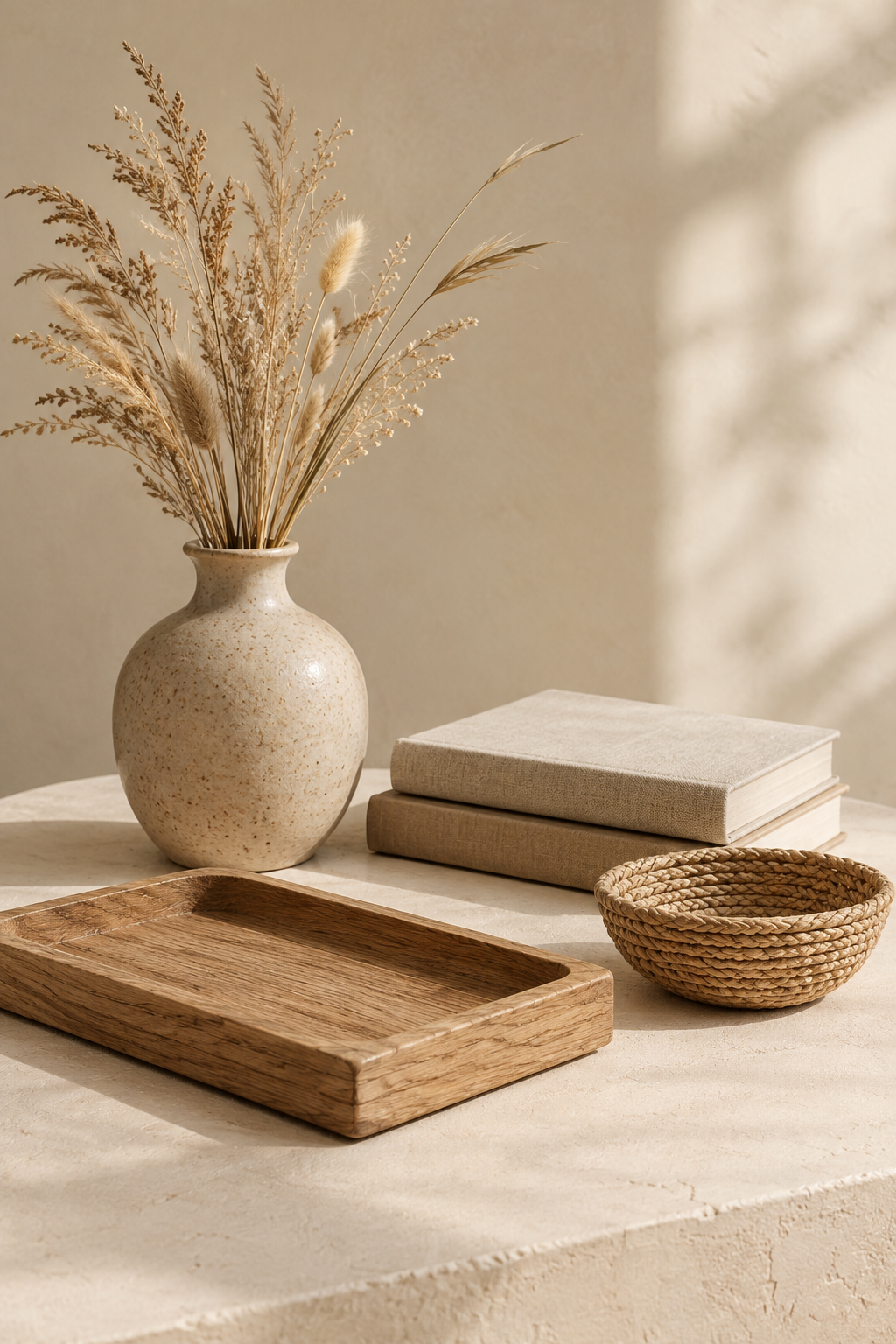 Styled cluster of handmade home decor including a speckled clay vase with dried stems, stacked linen-bound books, a carved oak tray, and a small woven bowl in warm natural light