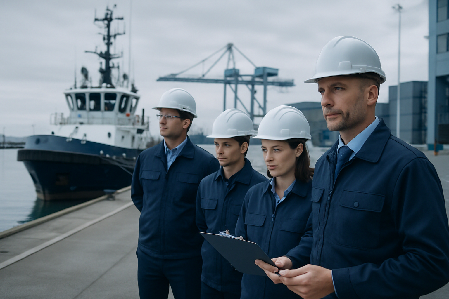 Equipo naval supervisando operaciones en puerto con embarcaciones de servicio