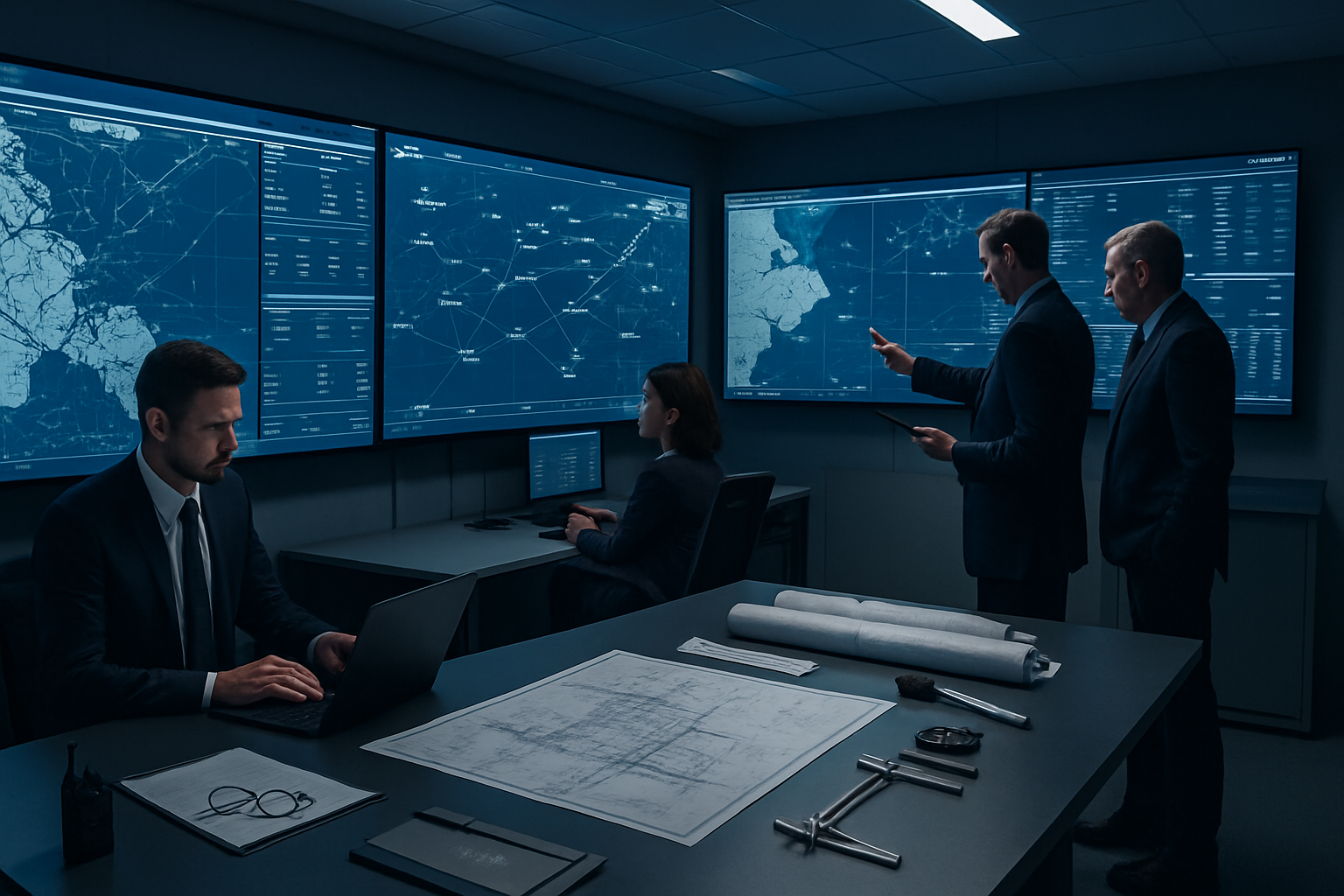 Centro de control logístico con mapas marítimos