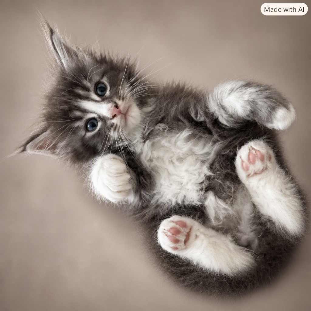 Lukas, a fluffy blue tabby kitten with white paws lying playfully on his back against a warm neutral background