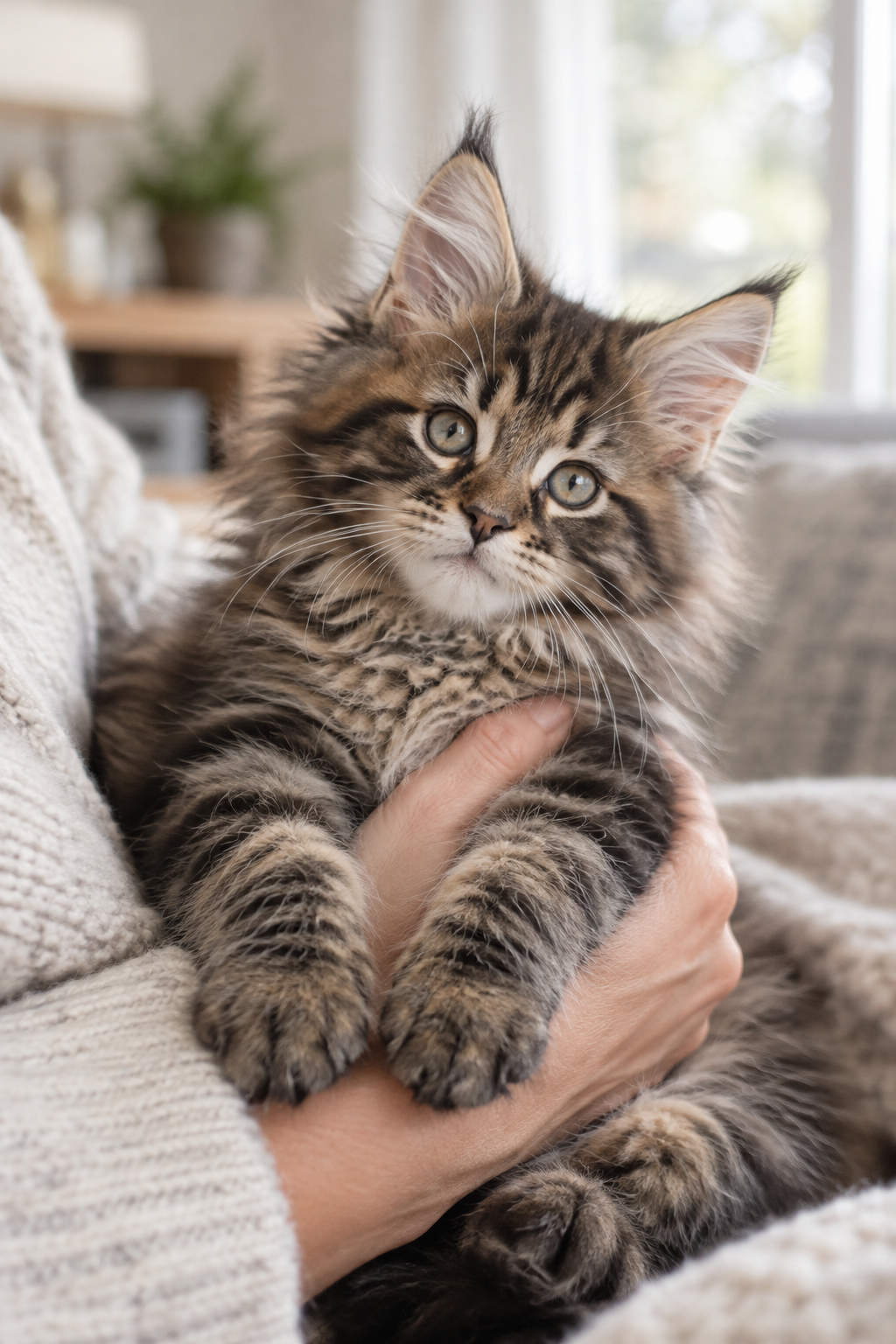 Fluffy Maine Coon kitten being gently held in a cozy home setting