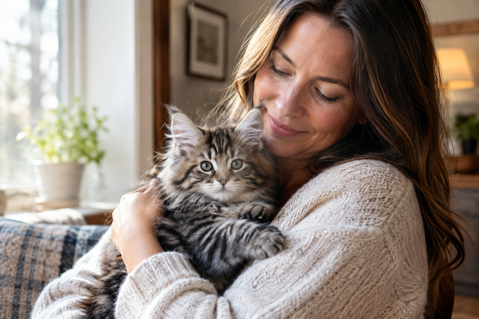 Breeder gently holding a fluffy Maine Coon kitten in a bright Maine home, with warm natural light and a calm, caring atmosphere