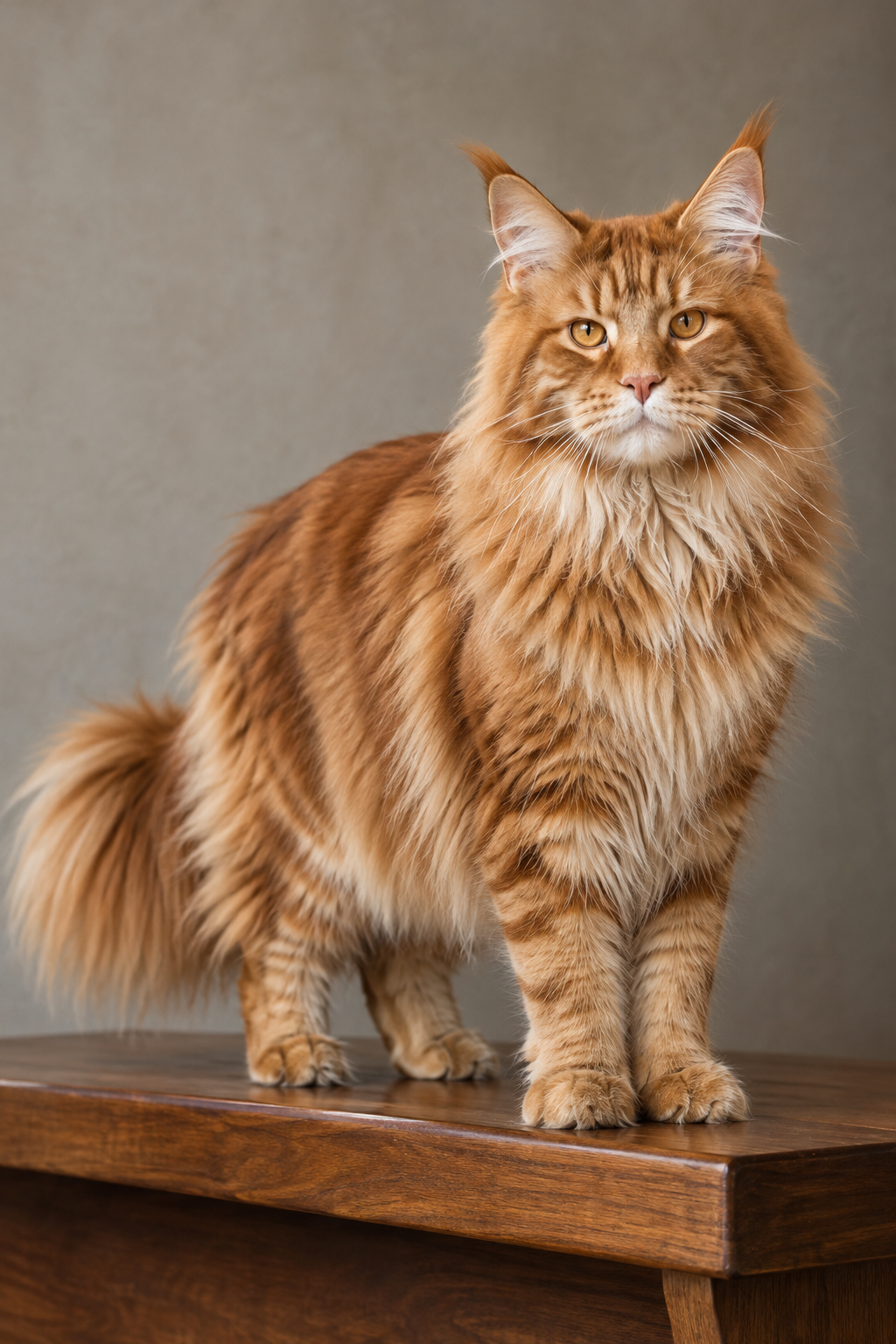 Massive red classic tabby Maine Coon male with a lion-like ruff standing on a polished wooden bench against a muted backdrop