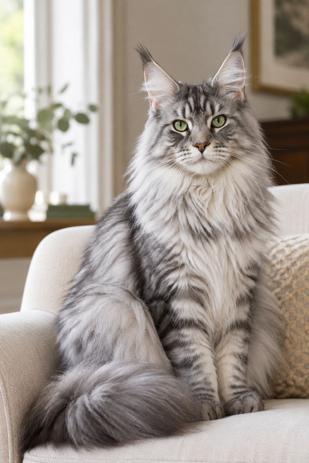 Large silver tabby Maine Coon queen with green eyes seated on a linen armchair in soft natural window light