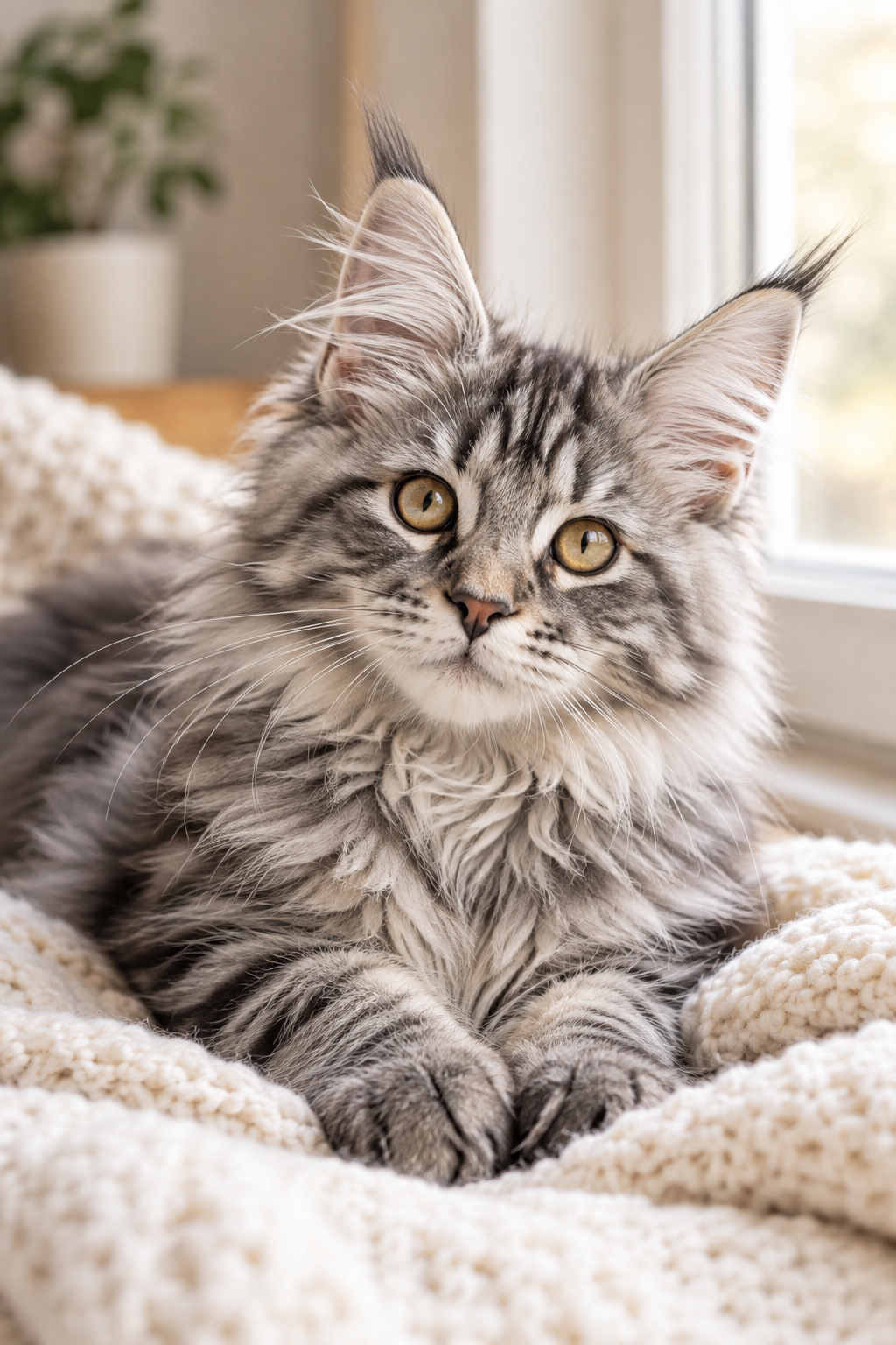 Close portrait of a fluffy Maine Coon kitten with tufted ears resting on a soft neutral blanket in warm natural window light
