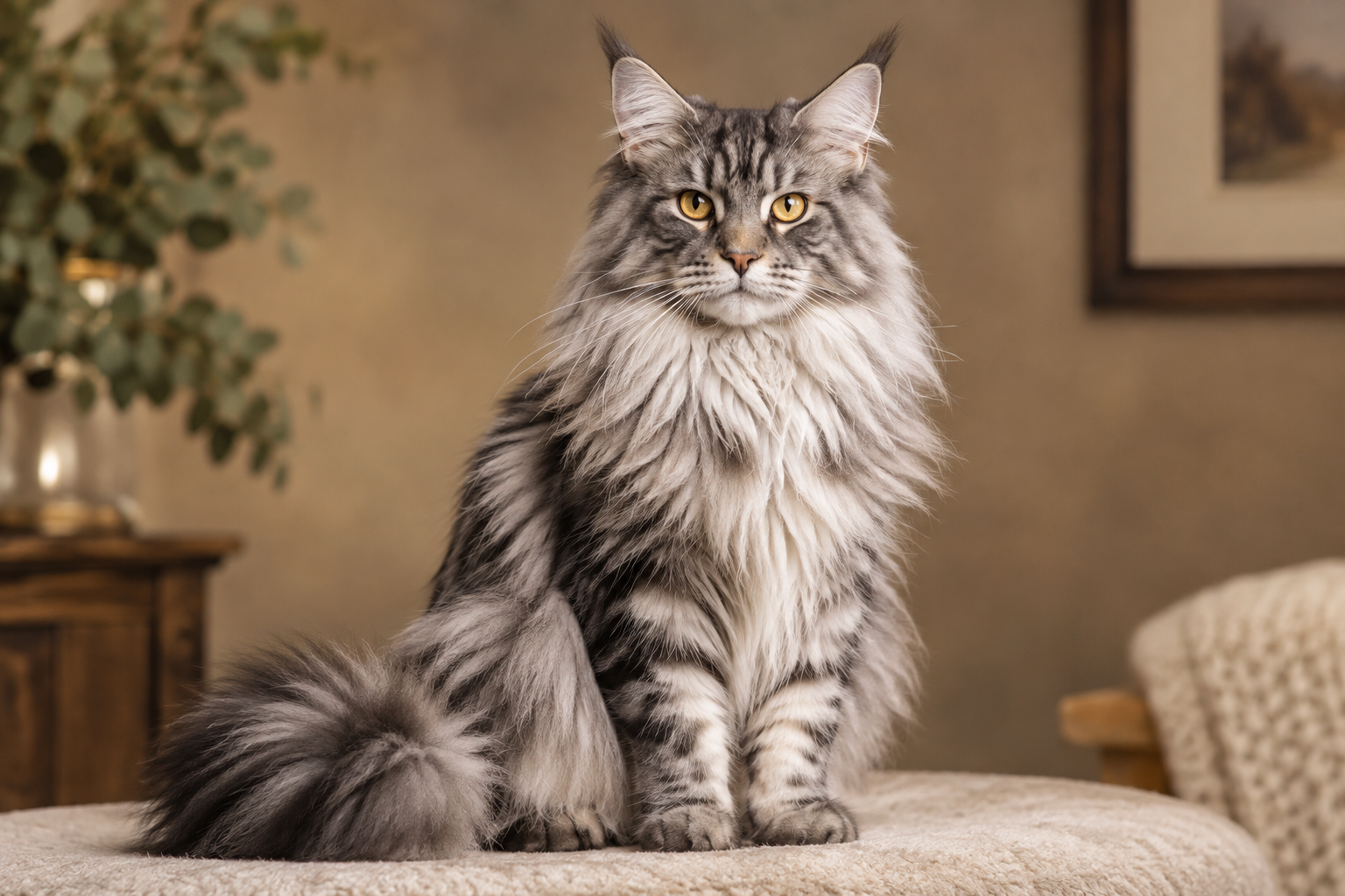 Regal silver Maine Coon adult cat with strong ruff and bright amber eyes seated in a softly lit breeder studio